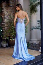 N A1737 - Stretch Satin Fit & Flare Prom Gown with Sequined Boned Bodice Leg Slit & Lace Up Back Prom Gown Nox