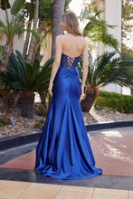 N A1737 - Stretch Satin Fit & Flare Prom Gown with Sequined Boned Bodice Leg Slit & Lace Up Back Prom Gown Nox