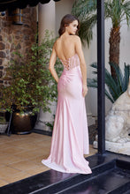 N A1737 - Stretch Satin Fit & Flare Prom Gown with Sequined Boned Bodice Leg Slit & Lace Up Back Prom Gown Nox