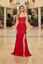 N A1739 - Strapless Shimmer Satin Fit & Flare Prom Gown with Boned Bodice & Leg Slit PROM GOWN Nox 00 Red