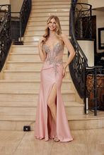 N A1740 - Fit & Flare Prom Gown with Sheer Appliqued Bodice Leg Slit & Open Back PROM GOWN Nox 00 Blush