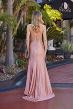 N A1745 - Stretch Satin Fit & flare Prom Gown with Sheer Embellished Bodice & Leg Slit Prom Gown Nox