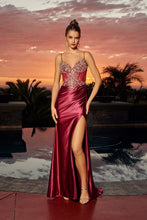 N A1750 - Stretch Satin Fit & Flare Prom Gown with Rhinestone Embellished Bodice & Leg Slit PROM GOWN Nox 00 Wine