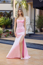 N A1753 - Strapless Stretch Satin Fit & Flare Prom Gown with Beaded Appliqued Boned Cowl Neck Bodice & Leg Slit PROM GOWN Nox 00 Baby Pink