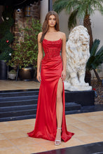 N A1753 - Strapless Stretch Satin Fit & Flare Prom Gown with Beaded Appliqued Boned Cowl Neck Bodice & Leg Slit PROM GOWN Nox 00 Red