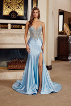 N C1831 - Stretch Satin Fit & Flare Prom Gown with Embellished Bodice Lace Up Open Back & Leg Slit PROM GOWN Nox