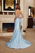 N C1831 - Stretch Satin Fit & Flare Prom Gown with Embellished Bodice Lace Up Open Back & Leg Slit PROM GOWN Nox