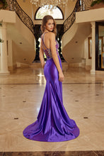 N C1831 - Stretch Satin Fit & Flare Prom Gown with Embellished Bodice Lace Up Open Back & Leg Slit PROM GOWN Nox