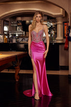 N C1832 - Stretch Satin Fit & Flare Prom Gown with Rhinestone Embellished Boned Bodice Leg Slit & Lace Up Back PROM GOWN Nox 00 Fuchsia