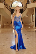 N C1832 - Stretch Satin Fit & Flare Prom Gown with Rhinestone Embellished Boned Bodice Leg Slit & Lace Up Back PROM GOWN Nox 00 Royal Blue