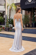 N C1841 - Shimmer Stretch Satin Fit & Flare Prom Gown with Sheer Sequined Bodice Lace Up Back & Leg Slit PROM GOWN Nox