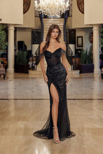 N C1850 - Off the Shoulder Fit & Flare Prom Gown with Sheer Beaded Boned Bodice & Leg Slit PROM GOWN Nox 00 Black-Nude
