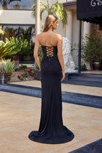 N C1868 - Strapless Fit & Flare Prom Gown with Sheer Beaded Appliqued Boned Bodice Lace Up Back & Leg Slit Prom Gown Nox