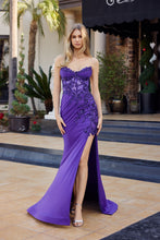 N C1868 - Strapless Fit & Flare Prom Gown with Sheer Beaded Appliqued Boned Bodice Lace Up Back & Leg Slit Prom Gown Nox 00 Plum