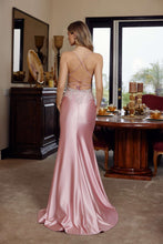 N D1760 - Stretch Satin Fit & Flare Prom Gown with Sequin Appliqued Bodice Leg Slit & Open Lace Up Back PROM GOWN Nox
