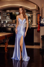 N D1760 - Stretch Satin Fit & Flare Prom Gown with Sequin Appliqued Bodice Leg Slit & Open Lace Up Back PROM GOWN Nox 00 Ice Blue