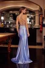 N D1760 - Stretch Satin Fit & Flare Prom Gown with Sequin Appliqued Boned Bodice & V Neckline & Leg Slit & Open Lace Up Back - Diggz Formals
