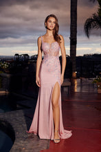 N D1764 - Glitter Stretch Satin Fit & Flare Prom Gown with Sequin Appliqued Straps & Semi Sweet Heart Neckline & Sheer Boned Bodice & Leg Slit & Open Lace Up Back - Diggz Formals