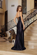 N D1766 - Stretch Satin Fit & Flare Prom Gown with Beaded Sequin Appliqued V Neckline & Sheer Boned Bodice & Leg Slit & Open Lace Up Back PROM GOWN Nox