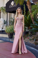 N D1766 - Stretch Satin Fit & Flare Prom Gown with Beaded Sequin Appliqued V Neckline & Sheer Boned Bodice & Leg Slit & Open Lace Up Back PROM GOWN Nox 00 Rose gold