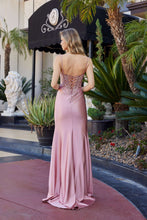 N D1766 - Stretch Satin Fit & Flare Prom Gown with Beaded Sequin Appliqued V Neckline & Sheer Boned Bodice & Leg Slit & Open Lace Up Back PROM GOWN Nox