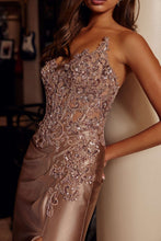 N E1889 - Strapless Stretch Satin Fit & Flare Prom Gown with Beaded Appliqued Bodice & Leg Slit PROM GOWN Nox