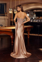 N E1889 - Strapless Stretch Satin Fit & Flare Prom Gown with Beaded Appliqued Bodice & Leg Slit PROM GOWN Nox