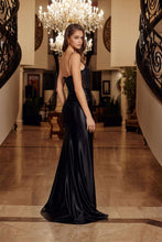 N E1903 - Stretch Satin Fit & Flare Prom Gown with Sequined Appliqued Bodice & Leg Slit PROM GOWN Nox