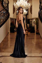 N E1904 - Stretch Satin Fit & Flare Prom Gown with Appliqued Bodice Lace Up Open Back & Leg Slit - Diggz Formals