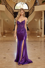 N E1907 - Strapless Shiny Satin & V Neckline Prom Gown with Beaded Sheer Boned Appliqued Bodice & Leg Slit - Diggz Formals