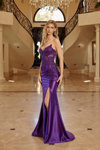 N E1907 - Strapless Shiny Satin & V Neckline Prom Gown with Beaded Sheer Boned Appliqued Bodice & Leg Slit - Diggz Formals