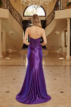 N E1907 - Strapless Shiny Satin & V Neckline Prom Gown with Beaded Sheer Boned Appliqued Bodice & Leg Slit - Diggz Formals