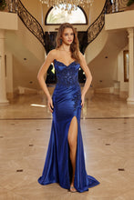N E1907 - Strapless Shiny Satin & V Neckline Prom Gown with Beaded Sheer Boned Appliqued Bodice & Leg Slit - Diggz Formals