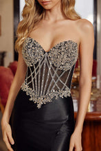 N E1910 - Strapless Satin Fit & Flare Prom Gown with Sheer Rhinestone Adorned Bodice Leg Slit & Lace Up Back Prom Gown Nox