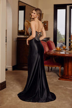 N E1910 - Strapless Satin Fit & Flare Prom Gown with Sheer Rhinestone Adorned Bodice Leg Slit & Lace Up Back Prom Gown Nox