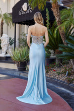 N E1910 - Strapless Satin Fit & Flare Prom Gown with Sheer Rhinestone Adorned Bodice Leg Slit & Lace Up Back Prom Gown Nox