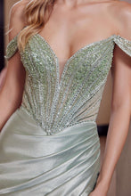 N F1727 - Stretch Satin Off The Shoulder Fit & Flare Prom Gown with Beaded Boned Bodice & Leg Slit Prom Dress Nox