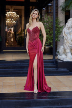 N F1729 - Strapless Shimmer Satin Fit & Flare Prom Gown with Sheer Bead Adorned Corset Bodice Side Sash & Leg Slit