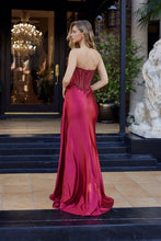 N F1729 - Strapless Shimmer Satin Fit & Flare Prom Gown with Sheer Bead Adorned Corset Bodice Side Sash & Leg Slit