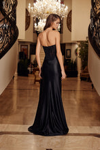 N F1729 - Strapless Shimmer Satin Fit & Flare Prom Gown with Sheer Bead Adorned Corset Bodice Side Sash & Leg Slit