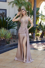 N F1729 - Strapless Shimmer Satin Fit & Flare Prom Gown with Sheer Bead Adorned Corset Bodice Side Sash & Leg Slit PROM GOWN Nox