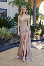 N F1729 - Strapless Shimmer Satin Fit & Flare Prom Gown with Sheer Bead Adorned Corset Bodice Side Sash & Leg Slit