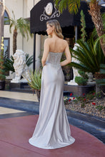 N F1729 - Strapless Shimmer Satin Fit & Flare Prom Gown with Sheer Bead Adorned Corset Bodice Side Sash & Leg Slit