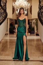N F1730 - Strapless Shiny Satin Fitted Prom Gown with Scoop Neckline & Laced Up Back