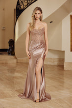 N F1730 - Strapless Shiny Satin Fitted Prom Gown with Scoop Neckline & Laced Up Back