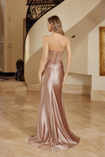 N F1730 - Strapless Shiny Satin Fitted Prom Gown with Scoop Neckline & Laced Up Back