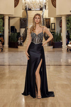N G1788 - Satin Fit & Flare Prom Gown with Sheer Beaded Bodice Lace Up Back & Leg Slit Prom Gown Nox 00 Black