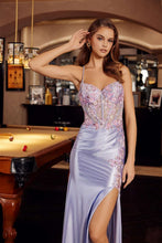 N G1789 - Stretch Satin Fit & Flare Prom Gown with Beaded 3D Floral Appliqued Bodice Leg Slit & Lace Up Back PROM GOWN Nox