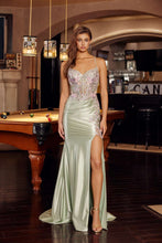 N G1789 - Stretch Satin Fit & Flare Prom Gown with Beaded 3D Floral Appliqued Bodice Leg Slit & Lace Up Back PROM GOWN Nox 00 Sage green