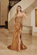 N G1792 - Satin Fit & Flare Prom Gown with Embroidered Bodice Leg Slit & Open Lace Up Back Prom Gown Nox 00 Burnt Bronze